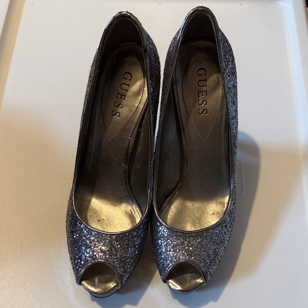 GUESS Silver Glitter Peep Toe Heels
